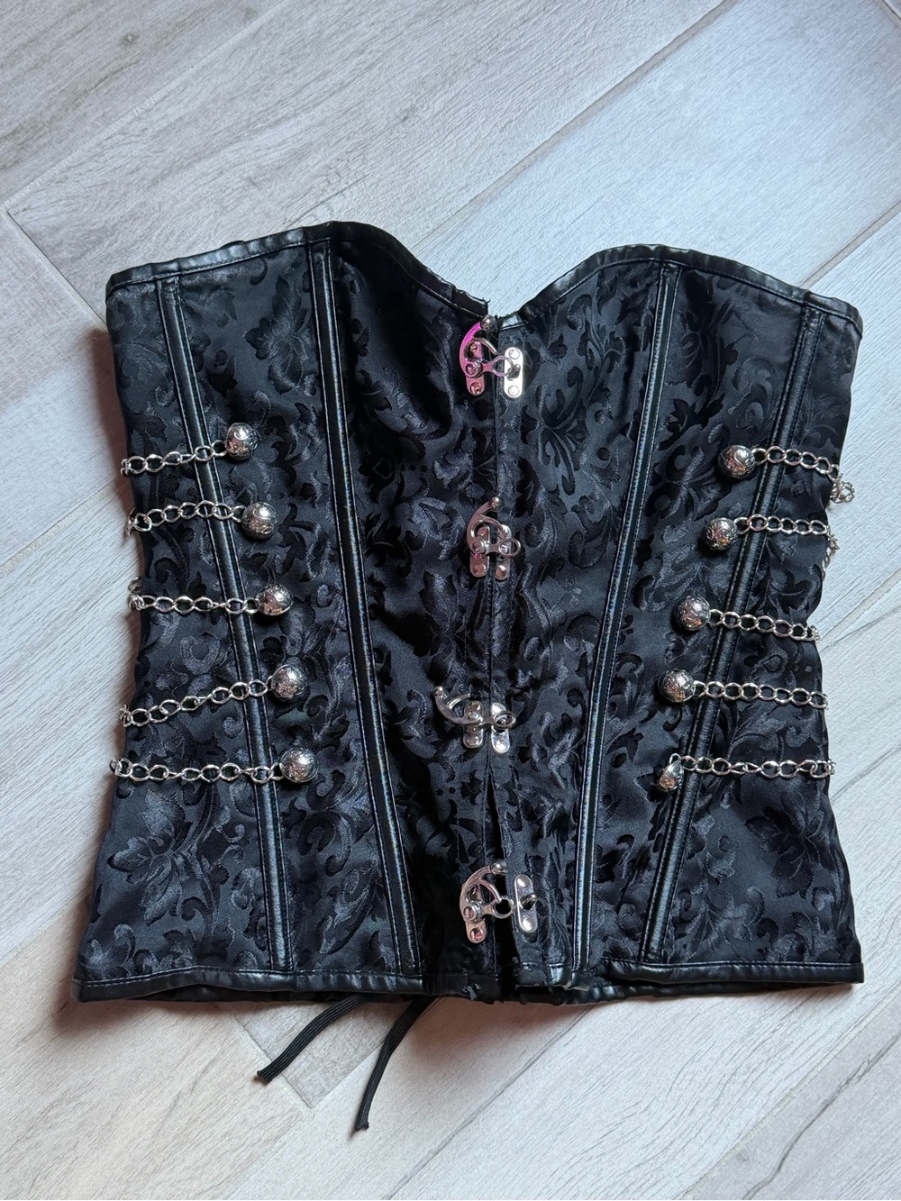 Black Brocade Gothic Corset with Silver Chain Detail